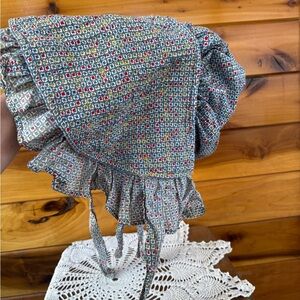 Vintage  Ruffled Cotton Bonnet in Blue and Red Floral Print